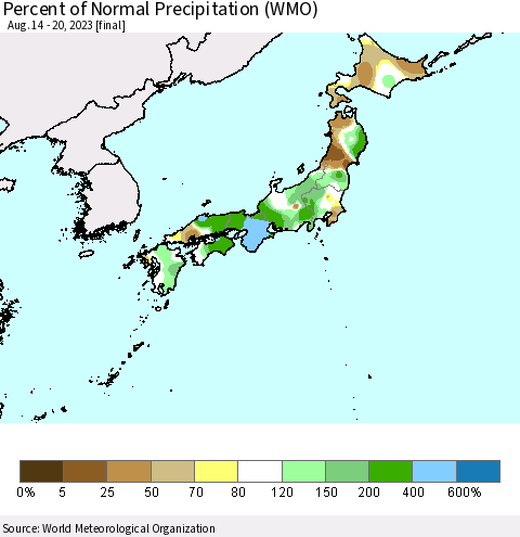 Japan Percent of Normal Precipitation (WMO) Thematic Map For 8/14/2023 - 8/20/2023