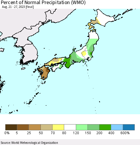 Japan Percent of Normal Precipitation (WMO) Thematic Map For 8/21/2023 - 8/27/2023