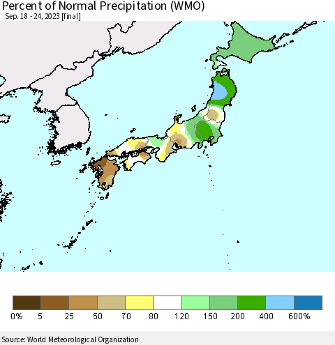 Japan Percent of Normal Precipitation (WMO) Thematic Map For 9/18/2023 - 9/24/2023