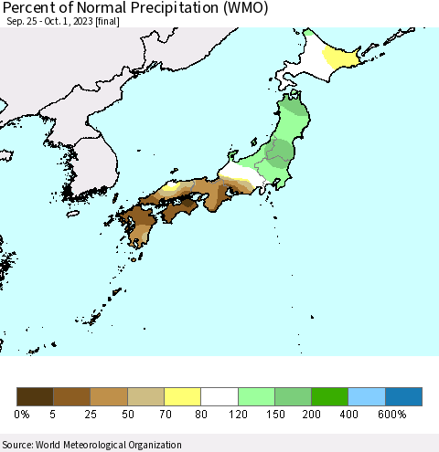 Japan Percent of Normal Precipitation (WMO) Thematic Map For 9/25/2023 - 10/1/2023