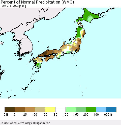 Japan Percent of Normal Precipitation (WMO) Thematic Map For 10/2/2023 - 10/8/2023