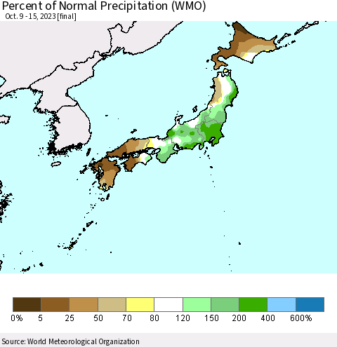 Japan Percent of Normal Precipitation (WMO) Thematic Map For 10/9/2023 - 10/15/2023