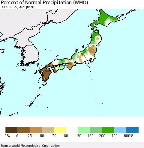 Japan Percent of Normal Precipitation (WMO) Thematic Map For 10/16/2023 - 10/22/2023
