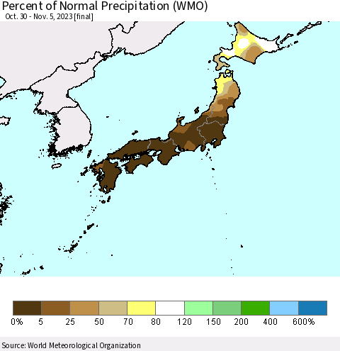 Japan Percent of Normal Precipitation (WMO) Thematic Map For 10/30/2023 - 11/5/2023