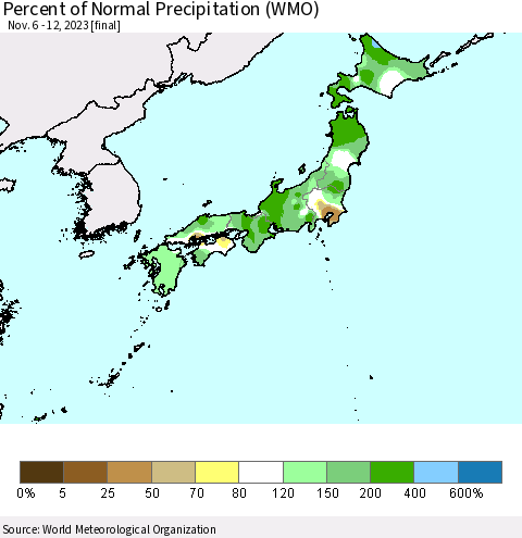 Japan Percent of Normal Precipitation (WMO) Thematic Map For 11/6/2023 - 11/12/2023