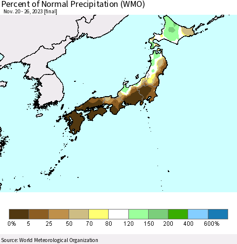 Japan Percent of Normal Precipitation (WMO) Thematic Map For 11/20/2023 - 11/26/2023