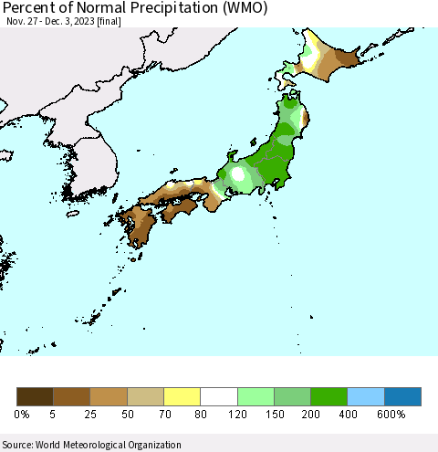 Japan Percent of Normal Precipitation (WMO) Thematic Map For 11/27/2023 - 12/3/2023