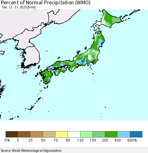 Japan Percent of Normal Precipitation (WMO) Thematic Map For 12/11/2023 - 12/17/2023