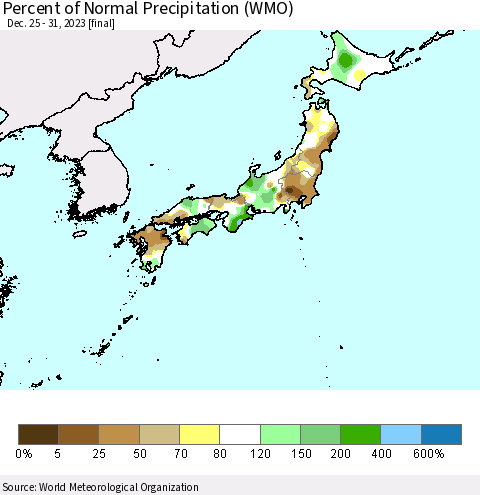 Japan Percent of Normal Precipitation (WMO) Thematic Map For 12/25/2023 - 12/31/2023