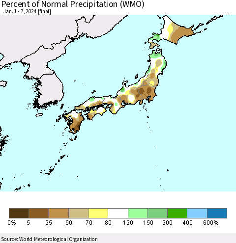 Japan Percent of Normal Precipitation (WMO) Thematic Map For 1/1/2024 - 1/7/2024