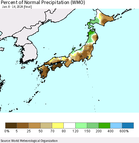 Japan Percent of Normal Precipitation (WMO) Thematic Map For 1/8/2024 - 1/14/2024