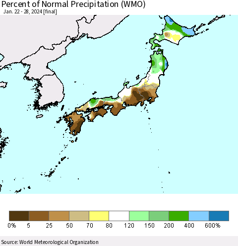 Japan Percent of Normal Precipitation (WMO) Thematic Map For 1/22/2024 - 1/28/2024