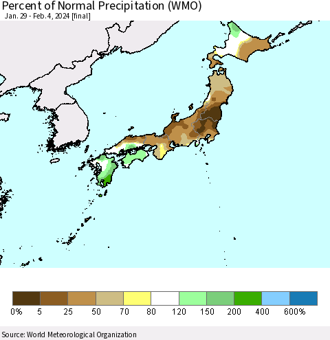 Japan Percent of Normal Precipitation (WMO) Thematic Map For 1/29/2024 - 2/4/2024