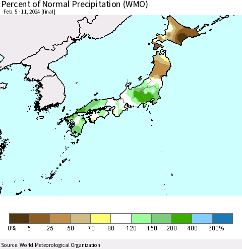 Japan Percent of Normal Precipitation (WMO) Thematic Map For 2/5/2024 - 2/11/2024