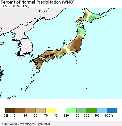 Japan Percent of Normal Precipitation (WMO) Thematic Map For 2/12/2024 - 2/18/2024