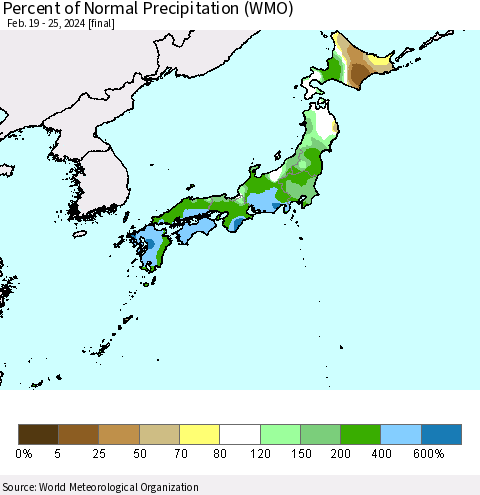 Japan Percent of Normal Precipitation (WMO) Thematic Map For 2/19/2024 - 2/25/2024