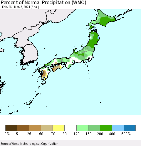 Japan Percent of Normal Precipitation (WMO) Thematic Map For 2/26/2024 - 3/3/2024