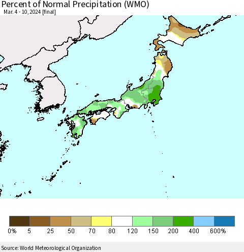 Japan Percent of Normal Precipitation (WMO) Thematic Map For 3/4/2024 - 3/10/2024