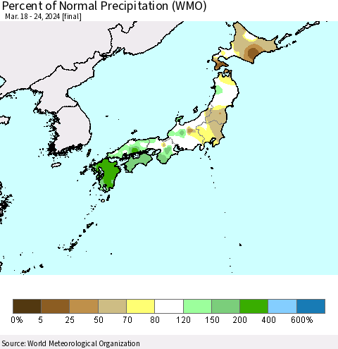 Japan Percent of Normal Precipitation (WMO) Thematic Map For 3/18/2024 - 3/24/2024