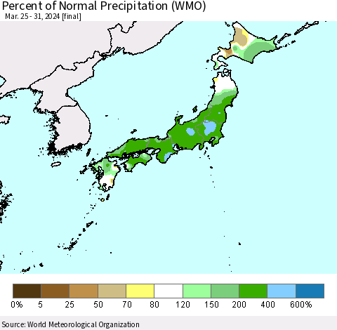 Japan Percent of Normal Precipitation (WMO) Thematic Map For 3/25/2024 - 3/31/2024