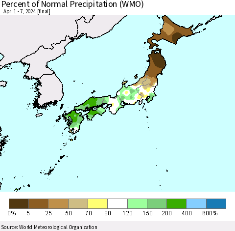 Japan Percent of Normal Precipitation (WMO) Thematic Map For 4/1/2024 - 4/7/2024