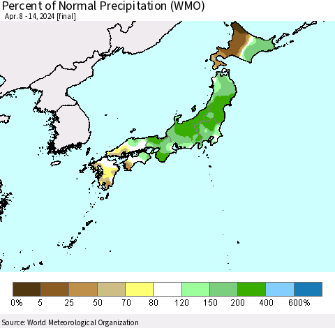 Japan Percent of Normal Precipitation (WMO) Thematic Map For 4/8/2024 - 4/14/2024