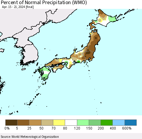 Japan Percent of Normal Precipitation (WMO) Thematic Map For 4/15/2024 - 4/21/2024