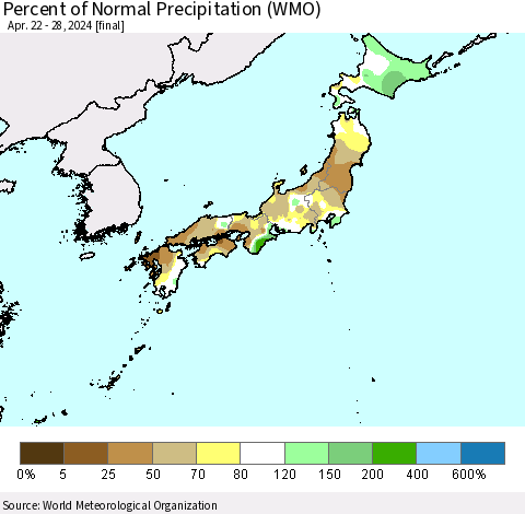 Japan Percent of Normal Precipitation (WMO) Thematic Map For 4/22/2024 - 4/28/2024