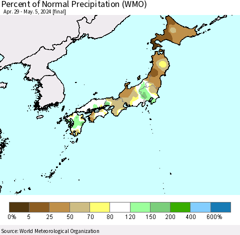 Japan Percent of Normal Precipitation (WMO) Thematic Map For 4/29/2024 - 5/5/2024