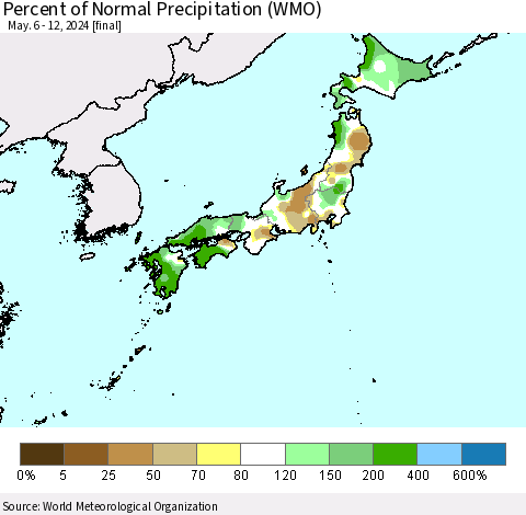 Japan Percent of Normal Precipitation (WMO) Thematic Map For 5/6/2024 - 5/12/2024