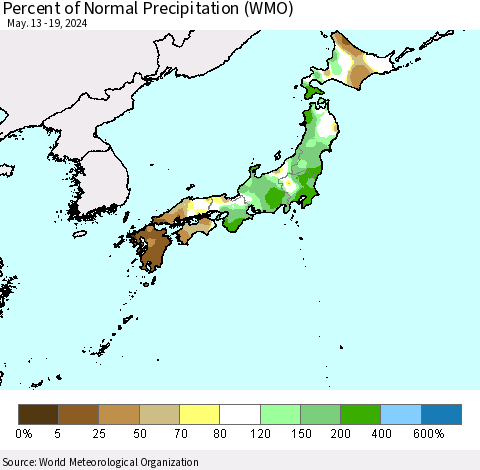 Japan Percent of Normal Precipitation (WMO) Thematic Map For 5/13/2024 - 5/19/2024