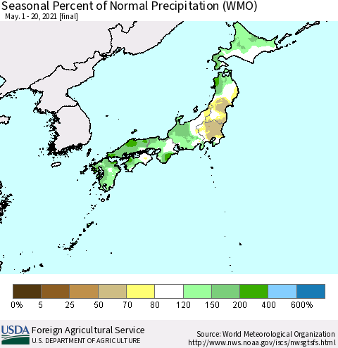 Japan Seasonal Percent of Normal Precipitation (WMO) Thematic Map For 5/1/2021 - 5/20/2021