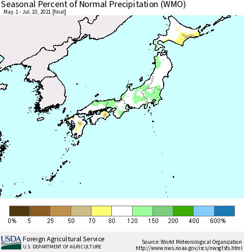 Japan Seasonal Percent of Normal Precipitation (WMO) Thematic Map For 5/1/2021 - 7/10/2021