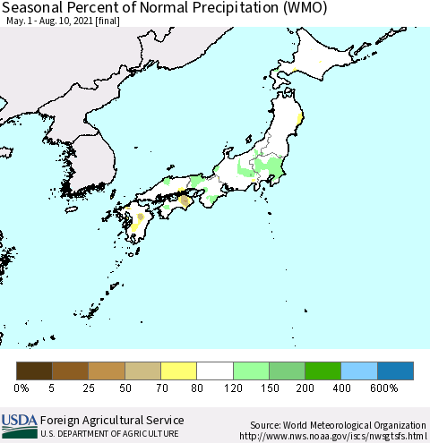 Japan Seasonal Percent of Normal Precipitation (WMO) Thematic Map For 5/1/2021 - 8/10/2021