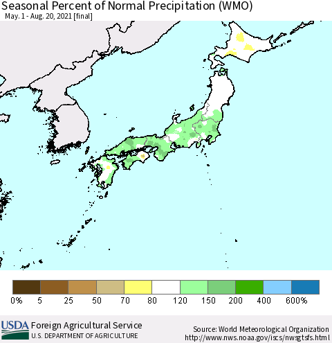 Japan Seasonal Percent of Normal Precipitation (WMO) Thematic Map For 5/1/2021 - 8/20/2021