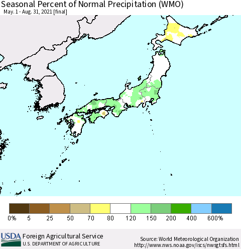 Japan Seasonal Percent of Normal Precipitation (WMO) Thematic Map For 5/1/2021 - 8/31/2021