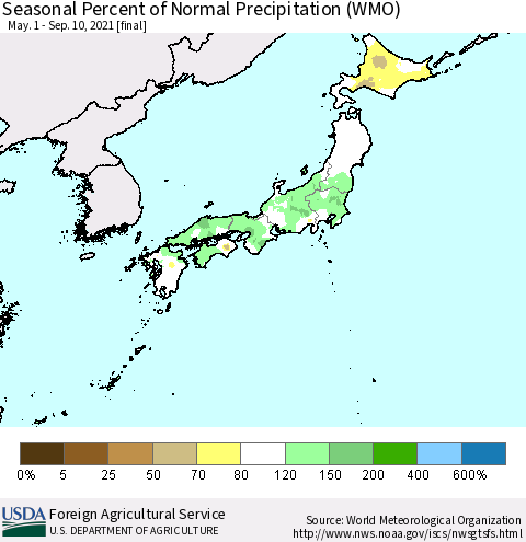 Japan Seasonal Percent of Normal Precipitation (WMO) Thematic Map For 5/1/2021 - 9/10/2021