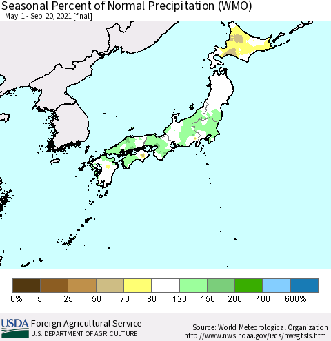 Japan Seasonal Percent of Normal Precipitation (WMO) Thematic Map For 5/1/2021 - 9/20/2021