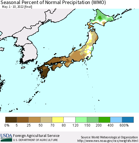 Japan Seasonal Percent of Normal Precipitation (WMO) Thematic Map For 5/1/2022 - 5/10/2022