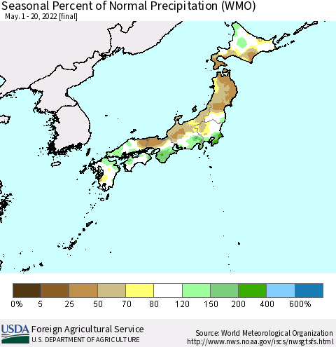 Japan Seasonal Percent of Normal Precipitation (WMO) Thematic Map For 5/1/2022 - 5/20/2022