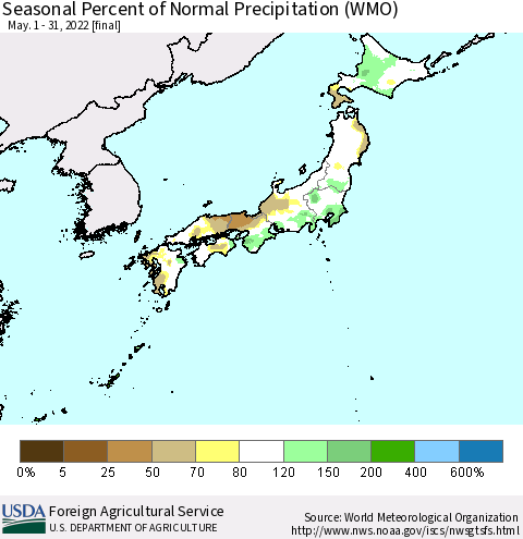Japan Seasonal Percent of Normal Precipitation (WMO) Thematic Map For 5/1/2022 - 5/31/2022