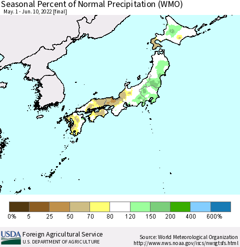Japan Seasonal Percent of Normal Precipitation (WMO) Thematic Map For 5/1/2022 - 6/10/2022