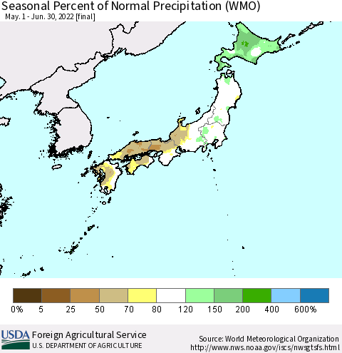 Japan Seasonal Percent of Normal Precipitation (WMO) Thematic Map For 5/1/2022 - 6/30/2022