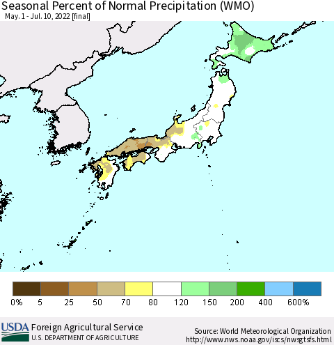 Japan Seasonal Percent of Normal Precipitation (WMO) Thematic Map For 5/1/2022 - 7/10/2022