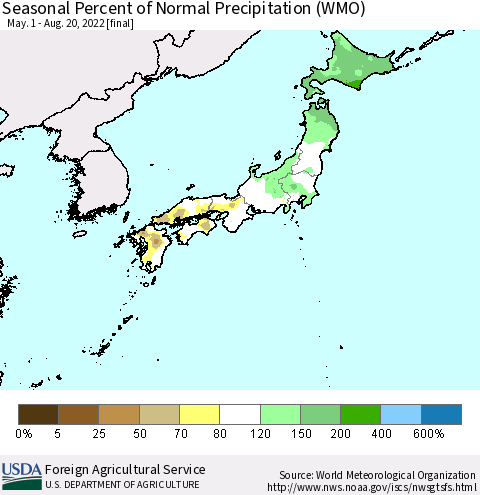 Japan Seasonal Percent of Normal Precipitation (WMO) Thematic Map For 5/1/2022 - 8/20/2022