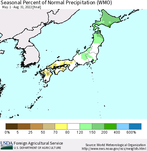 Japan Seasonal Percent of Normal Precipitation (WMO) Thematic Map For 5/1/2022 - 8/31/2022