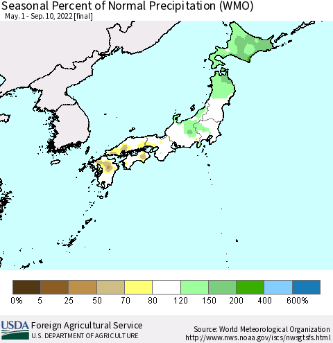 Japan Seasonal Percent of Normal Precipitation (WMO) Thematic Map For 5/1/2022 - 9/10/2022