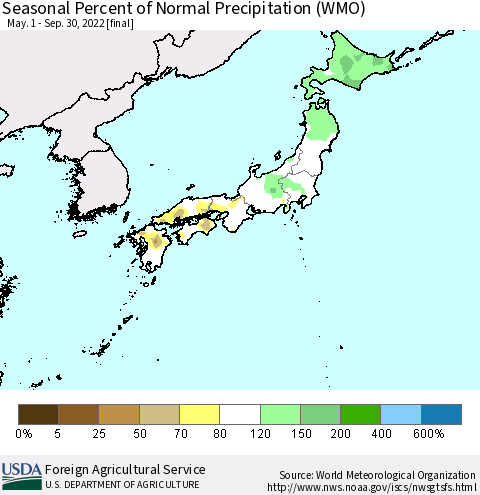 Japan Seasonal Percent of Normal Precipitation (WMO) Thematic Map For 5/1/2022 - 9/30/2022