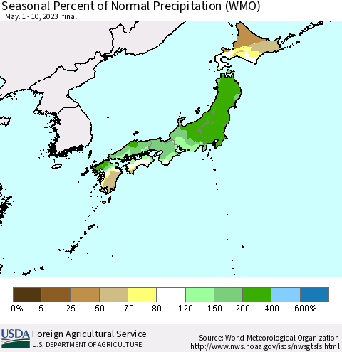 Japan Seasonal Percent of Normal Precipitation (WMO) Thematic Map For 5/1/2023 - 5/10/2023