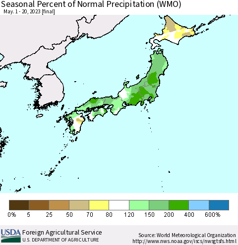 Japan Seasonal Percent of Normal Precipitation (WMO) Thematic Map For 5/1/2023 - 5/20/2023